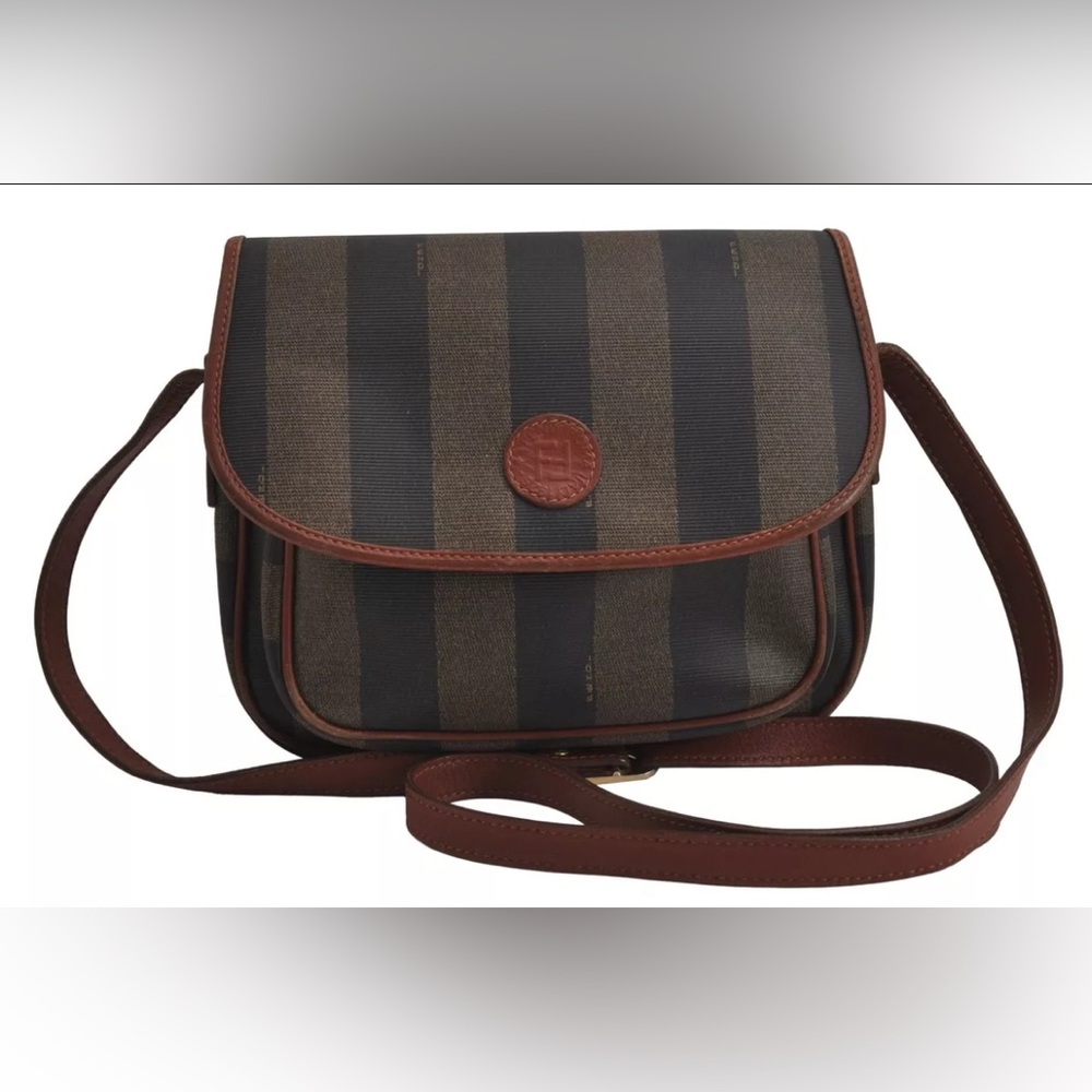 Authentic FENDI Pequin Shoulder Cross Body Bag Purse PVC Brown Black